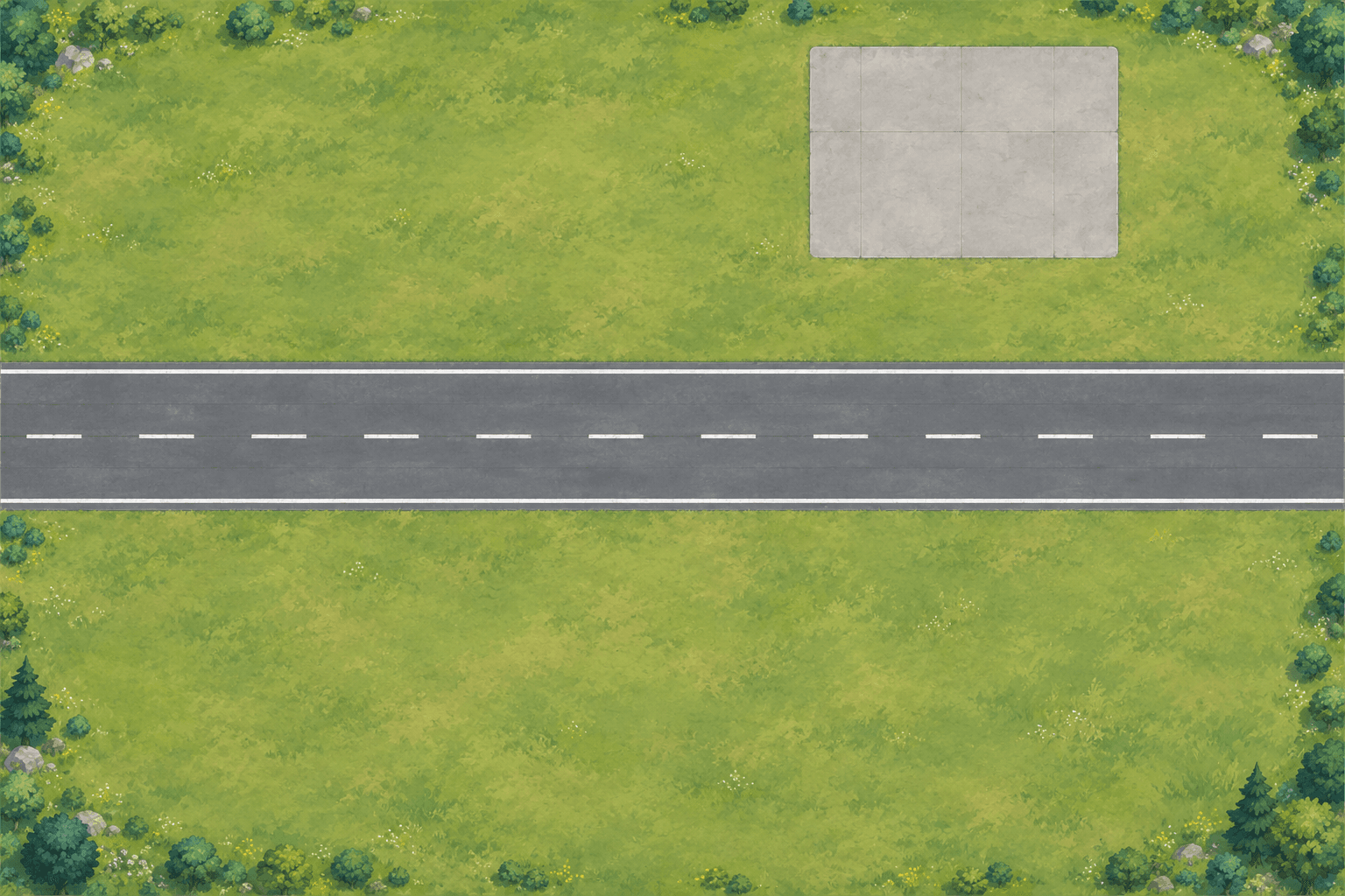 An empty grass airfield with a runway and parking apron.